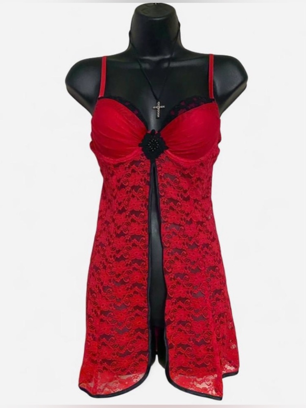 Y2k Red & Black Lace Babydoll Lingerie Top with Beaded Detail